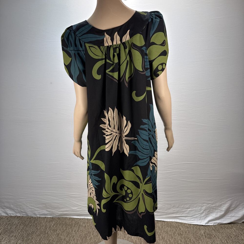 Bishop St Vintage Hawaiian Dress Size L Black Tropical Floral Short Tulip Sleeve - Picture 5 of 9